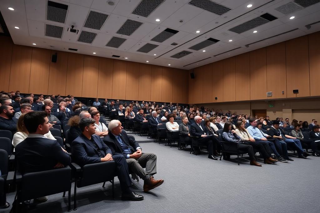 Plateia em auditório moderno durante apresentação institucional