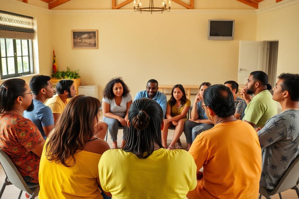 Cidadãos reunidos em círculo em um encontro comunitário